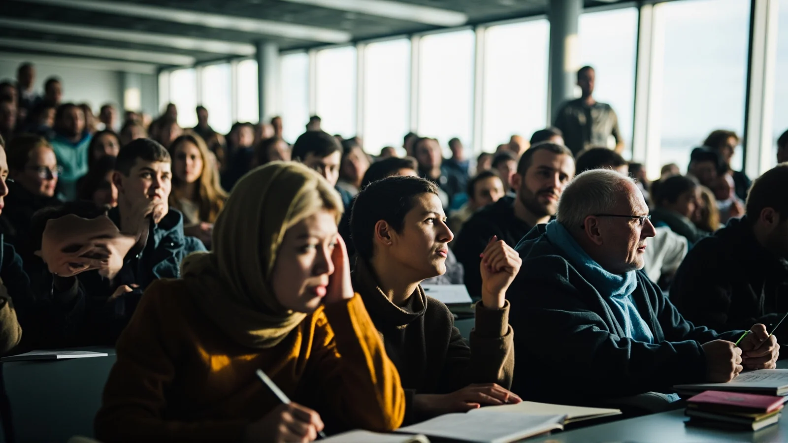 Aula universitaria noruega moderna con estudiantes de varios continentes tomando apuntes bajo luz nórdica