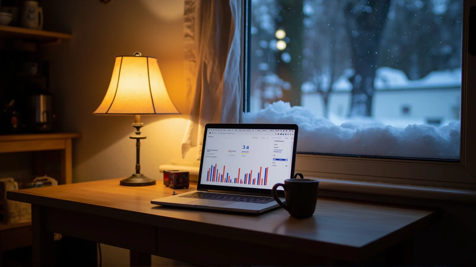 Cocina noruega en invierno con lámpara cálida, portátil con gráficos de luz, taza de café y nieve en el alféizar.