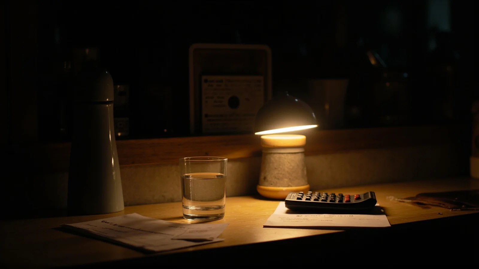 Cocina noruega nocturna con un sobre de cobro, extractos de cuenta y una calculadora sobre la mesa.