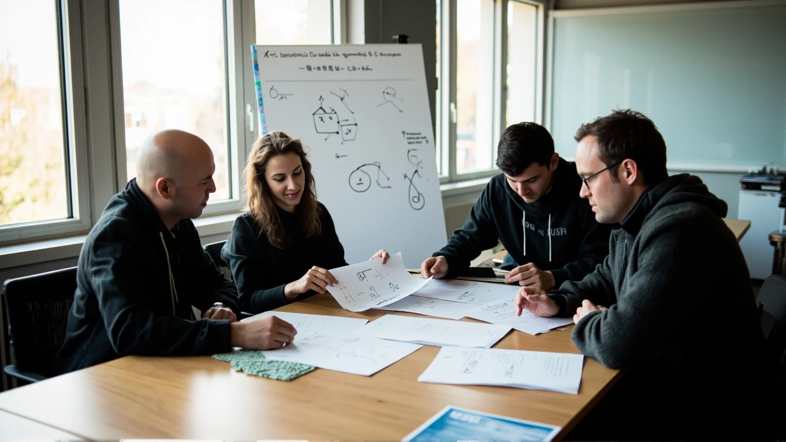 Equipo noruego revisa artículos de computación cuántica junto a una pizarra con diagramas, en oficina luminosa.