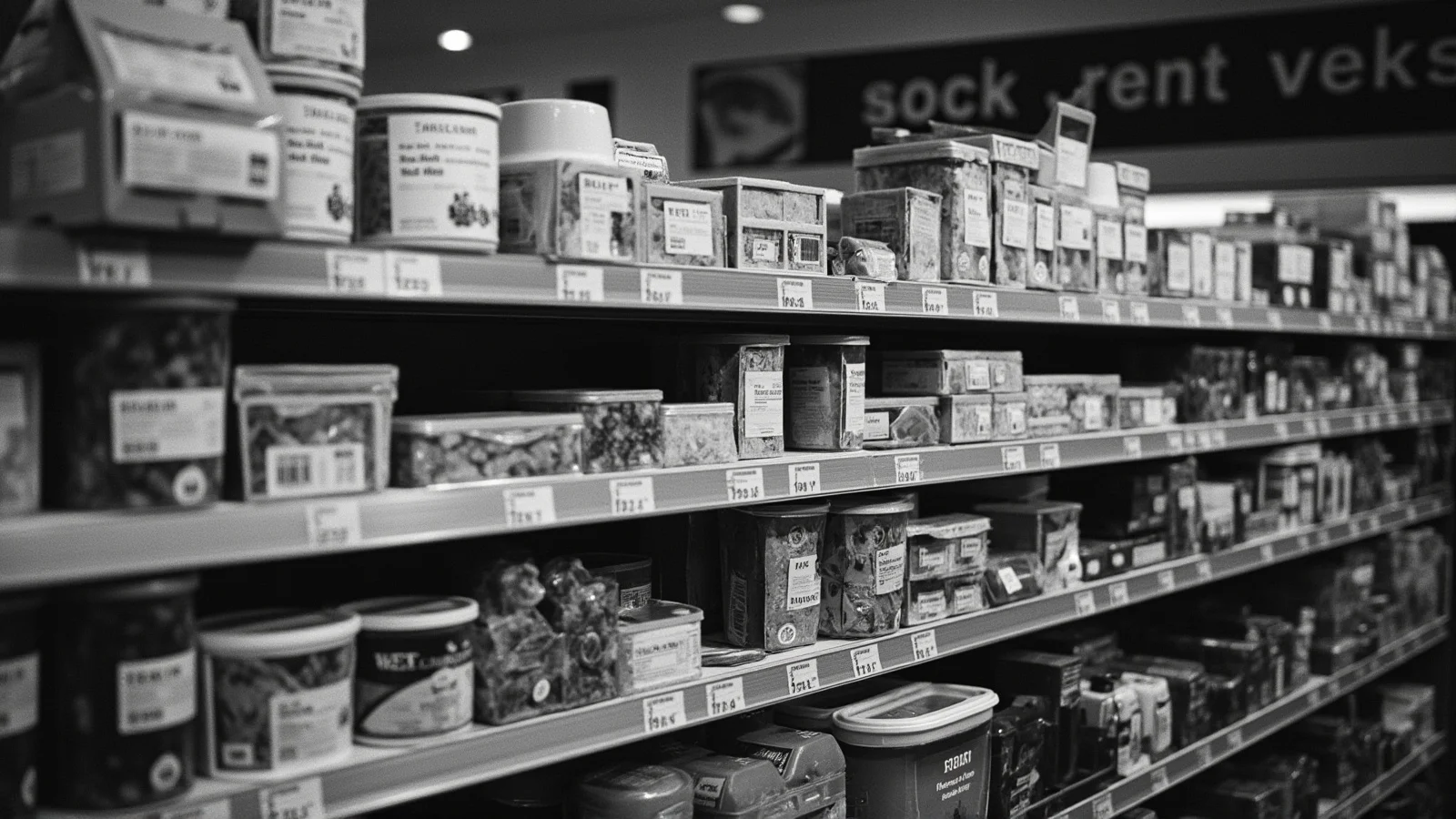 Estanteria de un supermercado noruego con etiquetas de precios visibles en productos de alimentacion bajo luz natural.