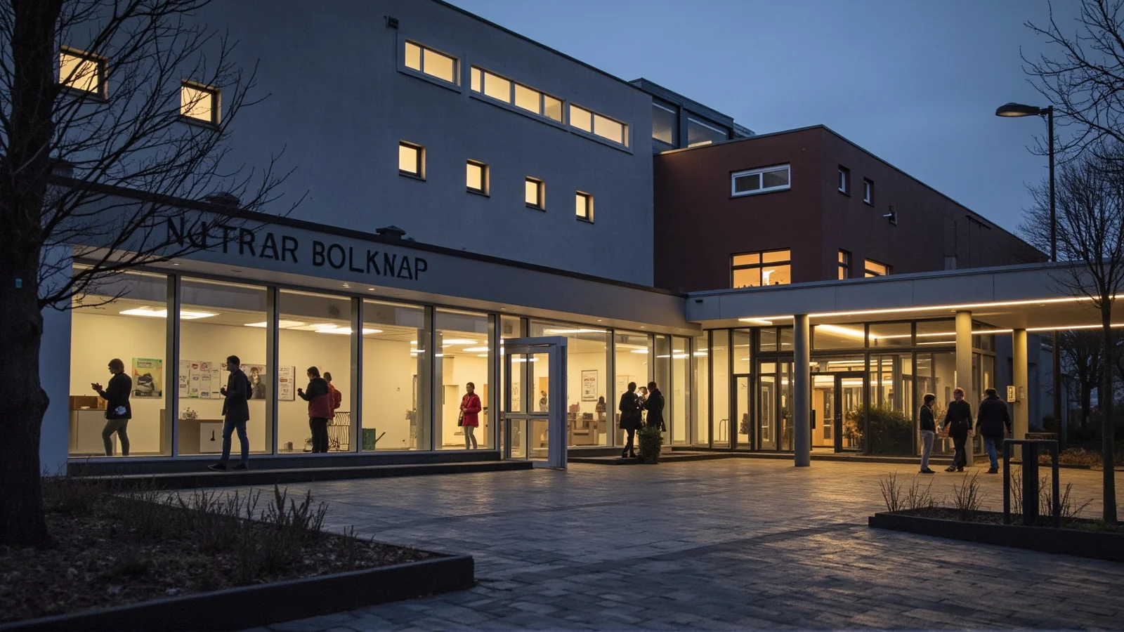 Personal sanitario entrando a un hospital público moderno de Bergen al amanecer, en una jornada de inicio de turno.