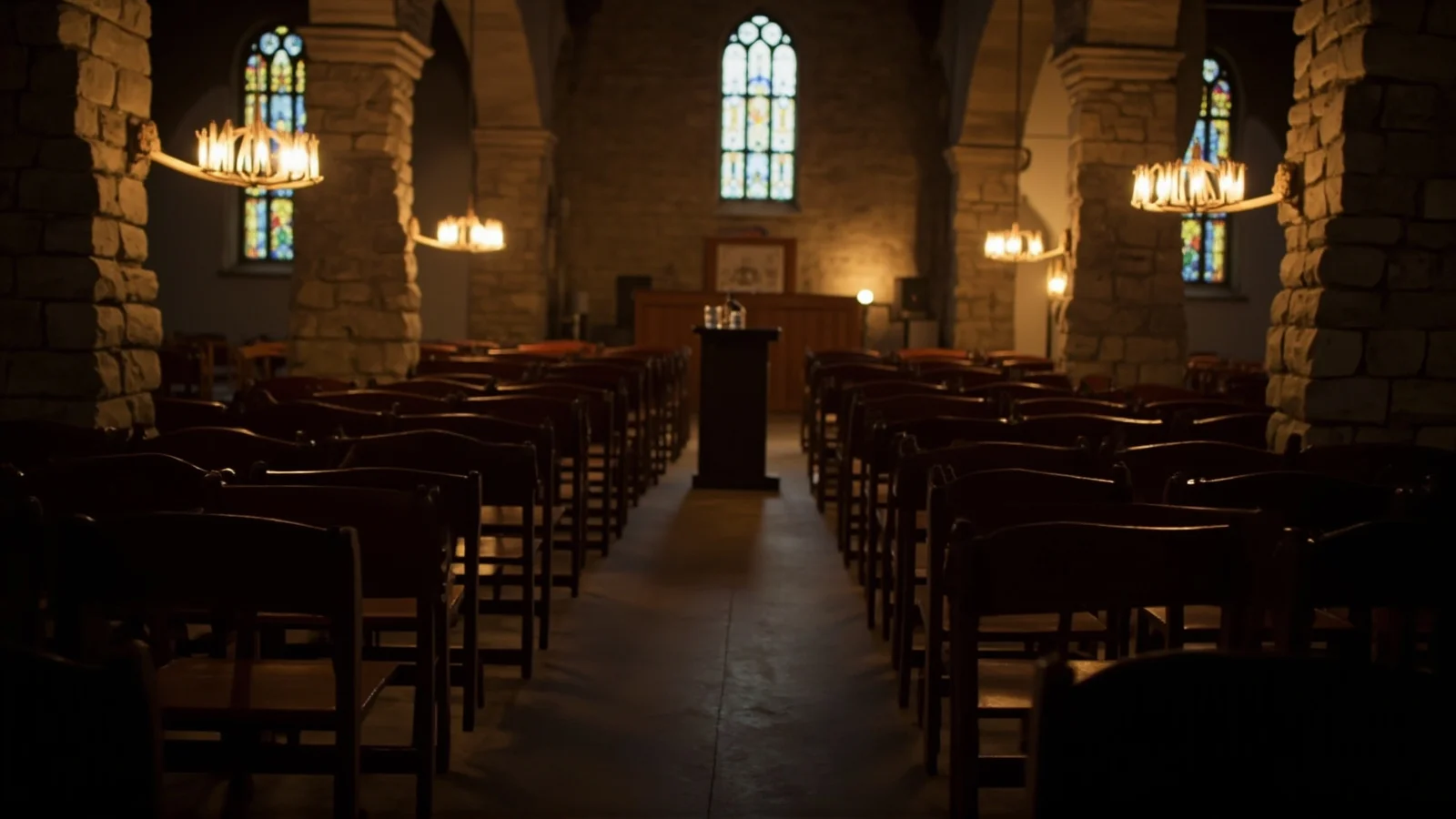 Iglesia de piedra noruega preparada para una velada literaria, con sillas de madera orientadas hacia un atril iluminado.