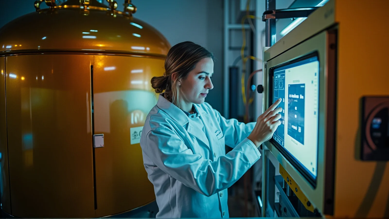 Investigadora noruega ajusta un refrigerador de dilución en un laboratorio cuántico, rodeado de cables dorados y monitores.