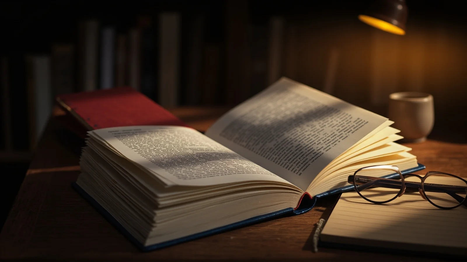 Bodegón editorial con dos libros abiertos, un cuaderno de notas, un bolígrafo y una taza de café bajo una luz cálida.