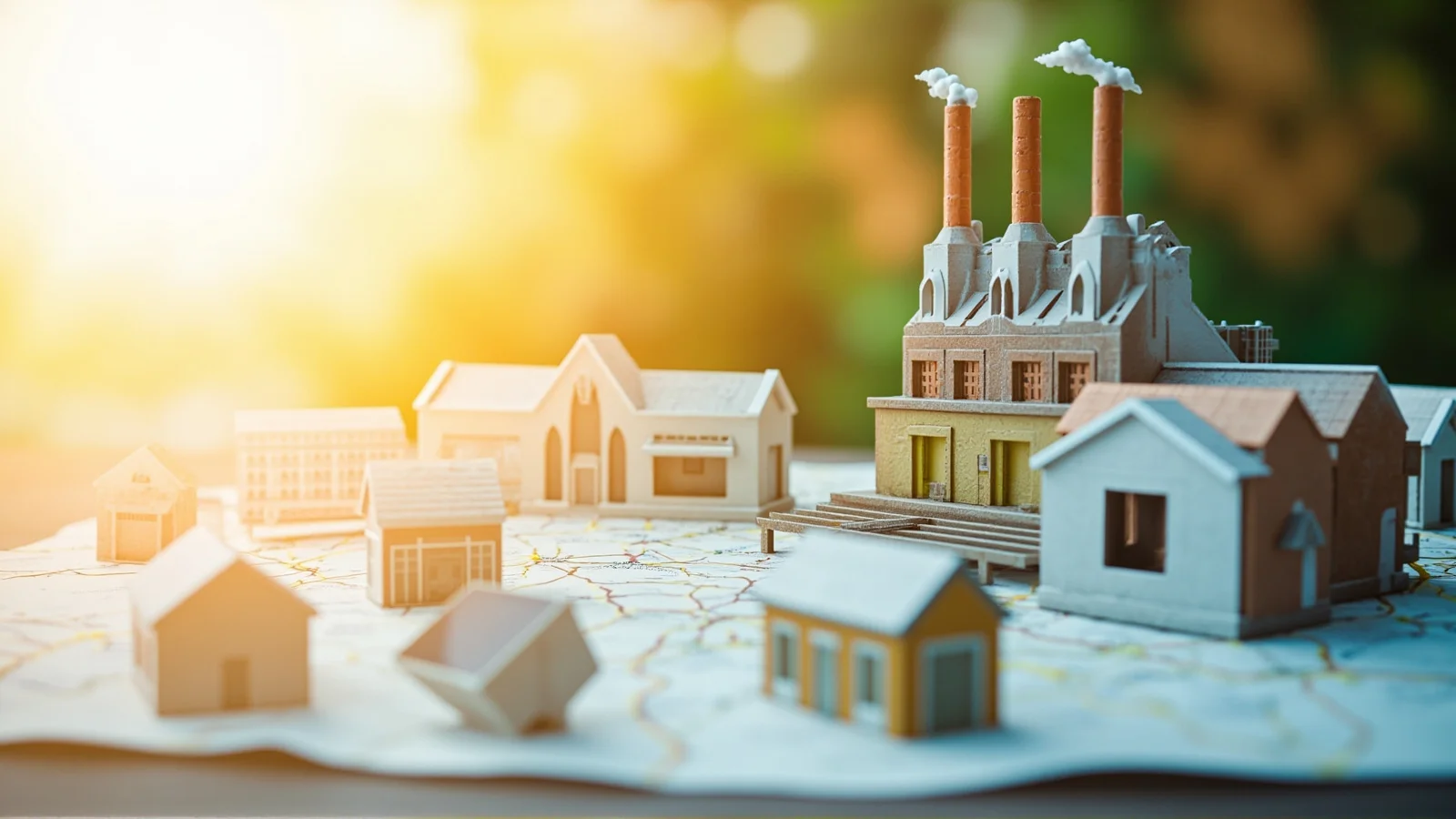 Maqueta global con miniaturas de energía solar, una fábrica y pequeñas empresas en mercados emergentes.