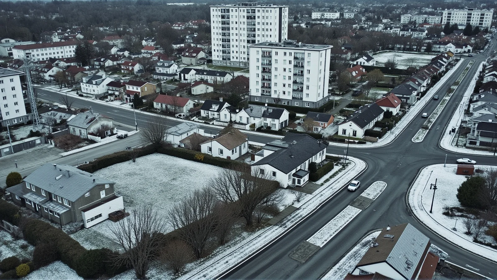 Vista aérea de un barrio residencial noruego con bloques de apartamentos y casas unifamiliares pequeñas.